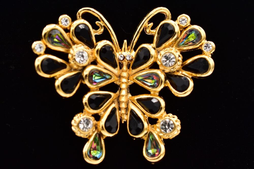 Vintage Crystal Butterfly Pin Brooch Heavy Black Watermelon Gold Art Deco BinBP